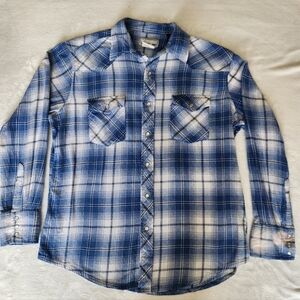 Wrangler Wrancher Pearl Snap Shirt LARGE Plaid Cowgirl Western Blue white Flaw